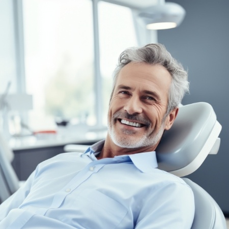 Man leaning back in dental chair and smiling