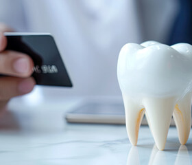 Large fake tooth on a marble counter next to a hand holding a credit card