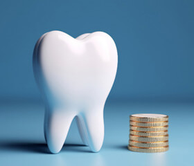 Large fake tooth next to a small pile of 7 gold coins