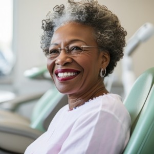 Senior woman in dental chair smiling